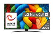 Телевизор LG 50NANO81A3A, 50" 4K HDR Smart Nano Cell TV, 3840x2160, DVB-T2/C/S2, AI Alpha 7, HDR 10 PRO, webOS 25, ThinQ AI, VRR, ALLM, HGiG, WiFi, Clear Voice, AI Upscaling, Bluetooth, Hdmi e-ARC , CI, LAN, AirPlay2, Chromecast, 2 Pole stand, Black