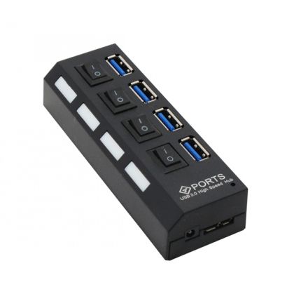USB HUB 4xUSB3.0, Black, 4x On/Off, 12062