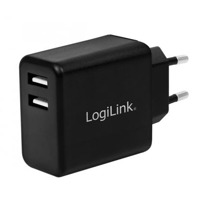 USB Charger 2x, 2.4A, black, Logilink PA0210