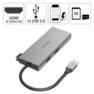 6-портов хъб USB-C HAMA Multiport, 2 x USB-A, USB-C, HDMI, SD, microSD, Сив