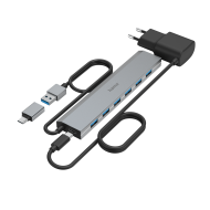 HAMA 7-портов хъб, USB 3.2 Gen 1, 5 Gbit/s, вкл. USB-C адаптер, авт.захранване