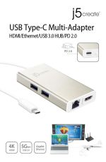 Мултипортов USB-C адаптер j5Create JCA374, HDMI/Ethernet/ USB 3.0 хъб /PD 2.0, Бял